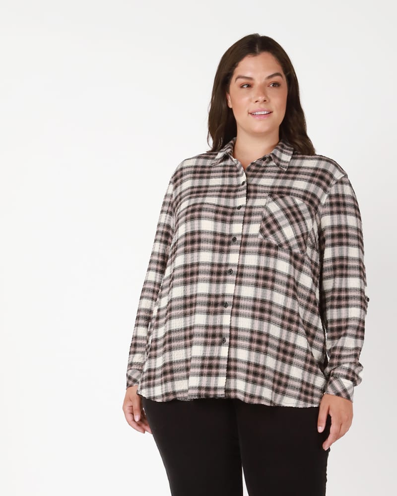 Front of a model wearing a size 0X Samira Button Front Plaid Shirt in Ivory / Black by DEX PLUS. | dia_product_style_image_id:233722